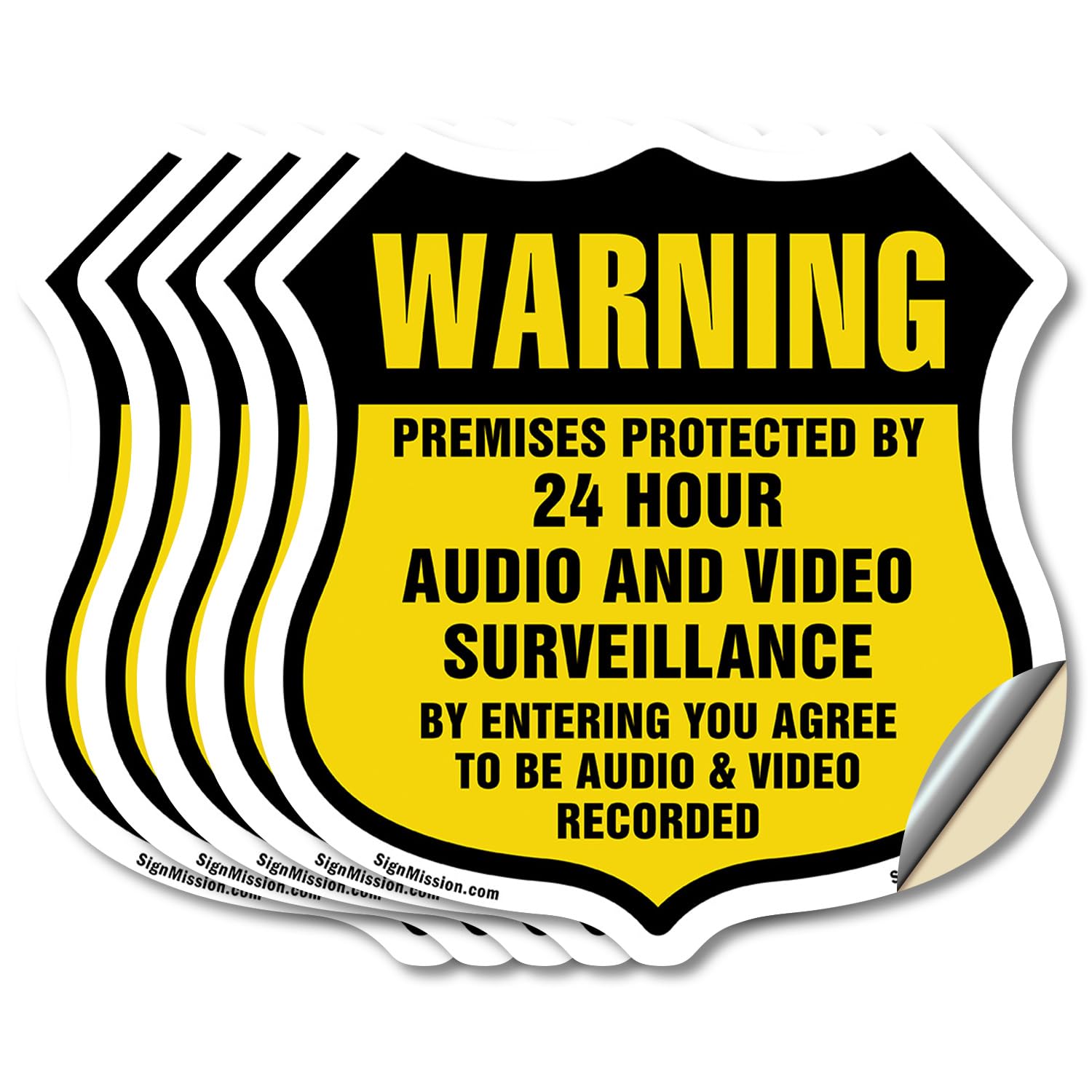 Warning Premises Protected By 24 Hour Audio And Video Surveillance By Entering You Agree To Be Audio & Video Recorded (5 Pack) 4 inch X 4 inch Shield