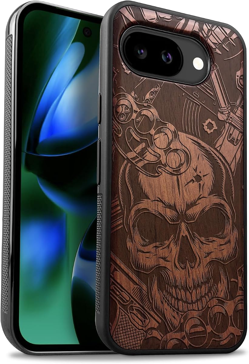 Carveit Wood Case for Pixel 10a, Skull of Chaos, Rosy | Magnetic Google Pixel 10a Case Compatible with MagSafe Wireless Chargers, Engraved Wood & Soft TPU Shockproof Bumper