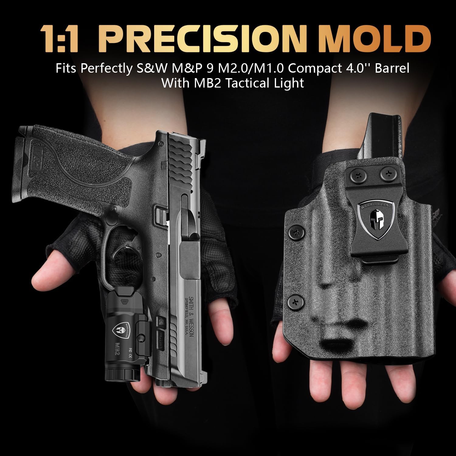 WARRIORLAND MB2 Pistol Light and Kydex Holster, Fit for S&W M&P 9 M2.0/M1.0 Compact 4.0'' Barrel, 500-Lumen Universal Rail Mounted Tactical Weapon Light with White LED Flashlight, Power Indicator