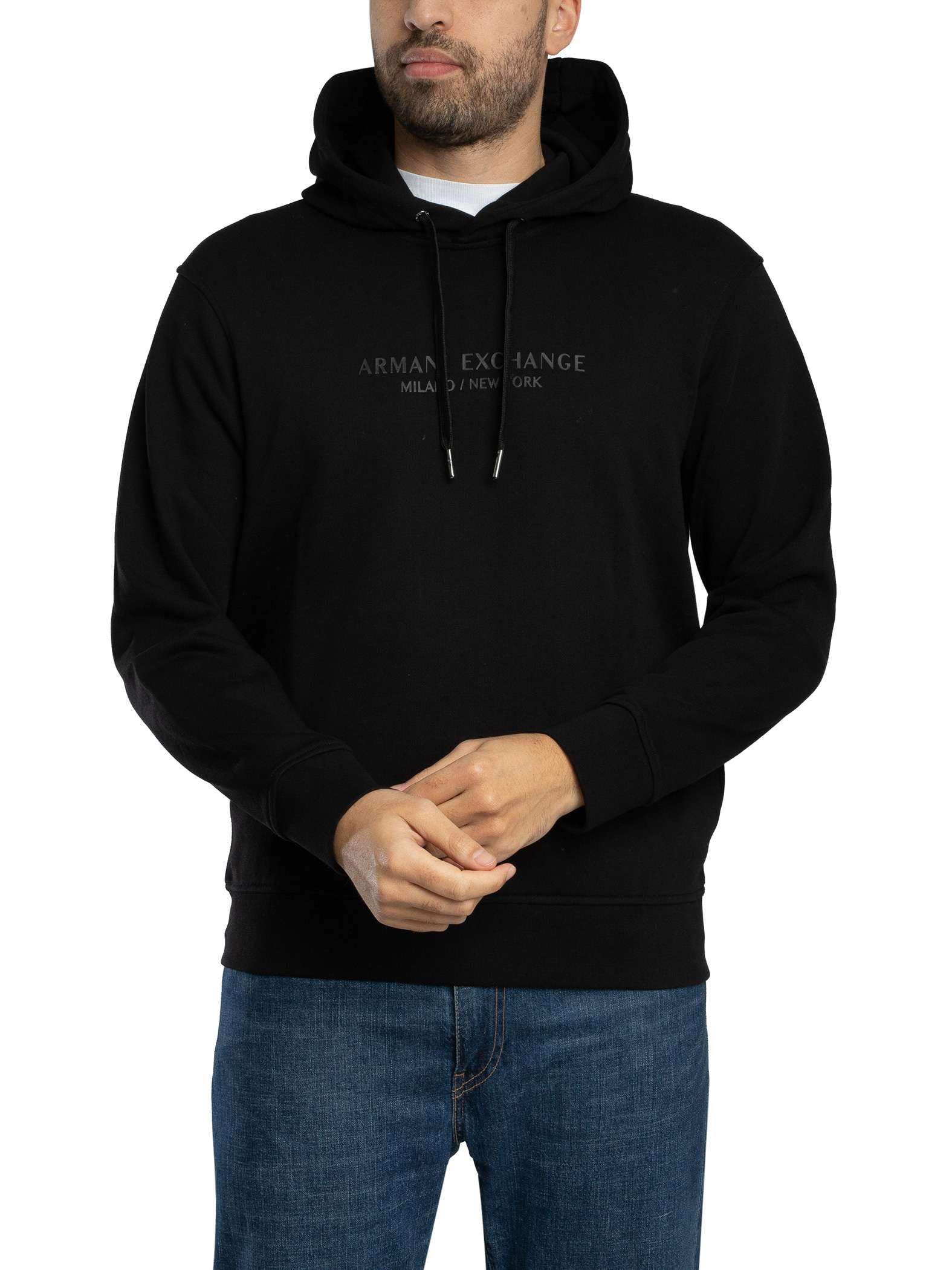 Armani Exchange Men's Long Sleeve Drawstring, Front Tone on Tone Logo Hooded Sweatshirt, Black, M, black, M