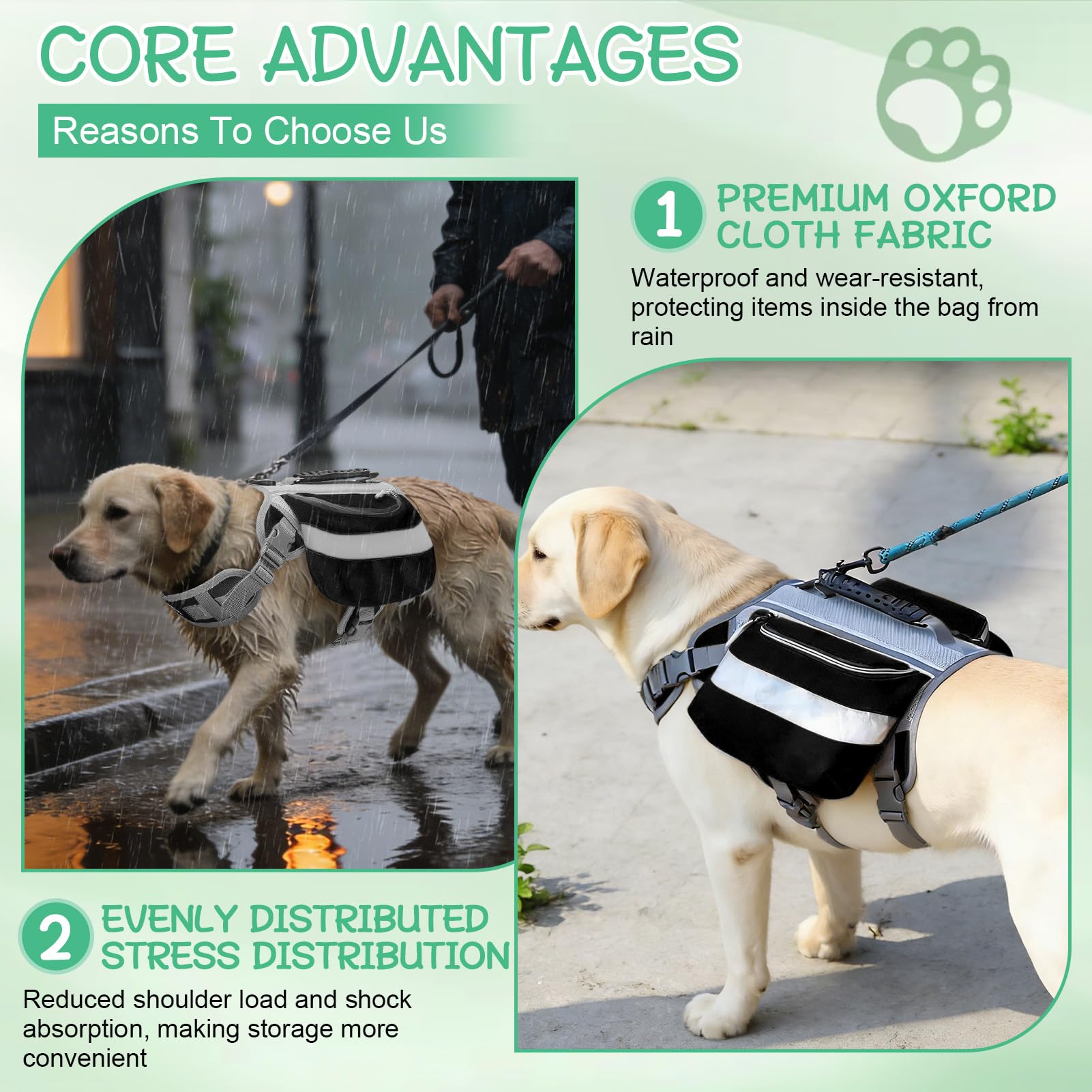 Imbracatura per cani per escursionismo, borsa da sella per animali domestici Ripstop con finiture riflettenti, zaino da viaggio regolabile per cani, zaino leggero da campeggio per escursioni per razze
