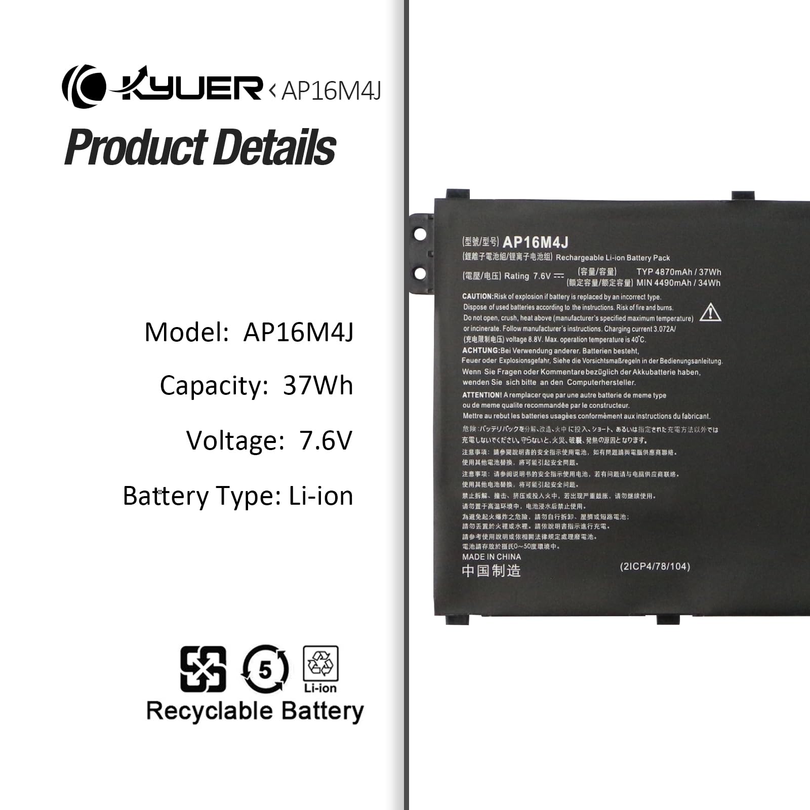 K KYUER 37Wh 4870mAh AP16M4J Batterij voor Acer Aspire 3 A317-33 A314-22 Series A317-33-P77P A317-33-P7MK A317-33-P7XT A317-33-P059 A317-33-P0KU A317 -33-P1SQ A317-33-P2SN A317-33-P35Q A317-33-P3JG