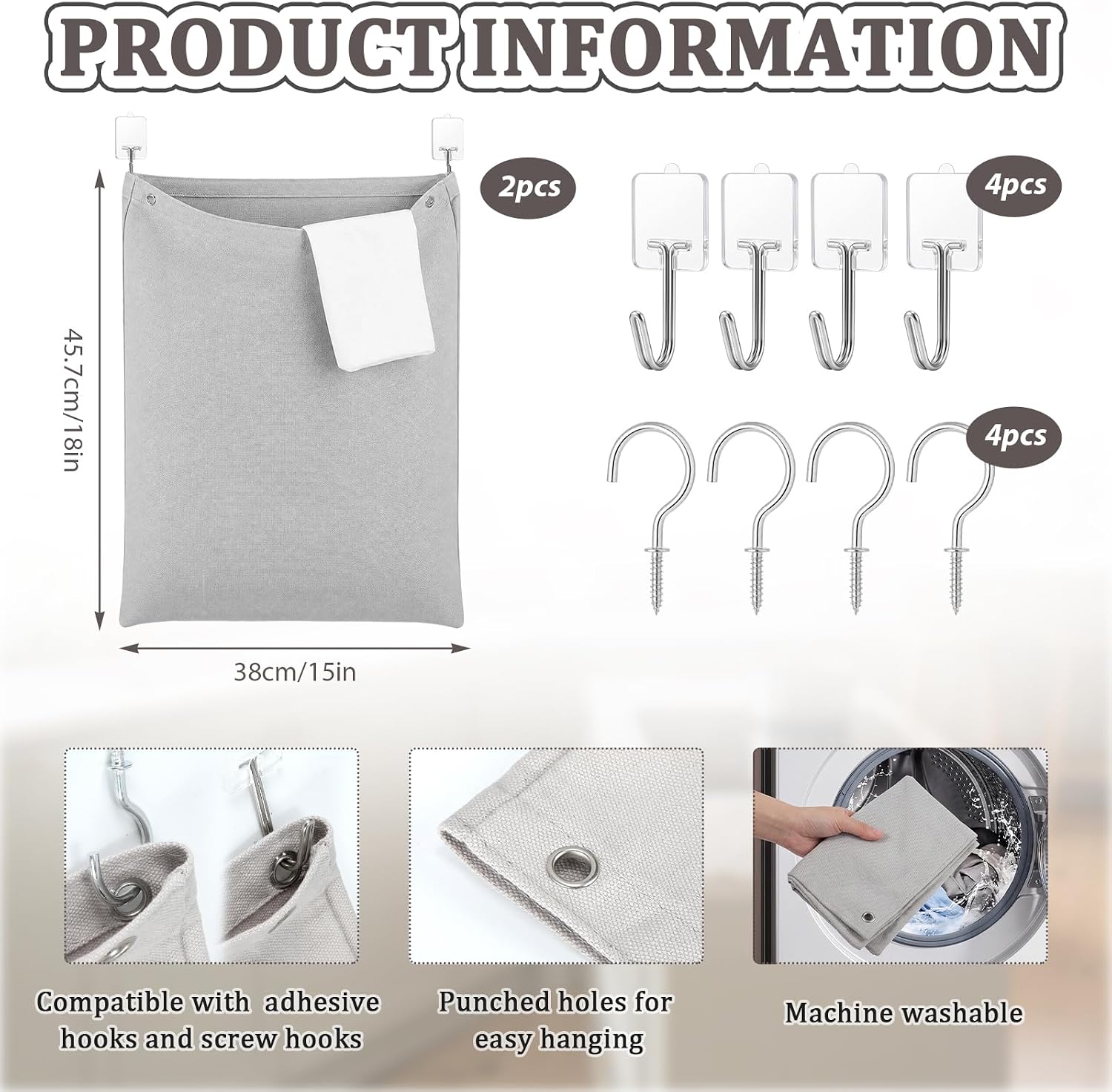 Tingjoo 2 Pack Reusable Dirty Rag Storage Bag Grey Cotton Dish Towel Cloth Bag with Hooks Hanging Kitchen Dish Rag Holder for Cabinet Door Organizer and Kitchen Laundry Room Bathroom Storage