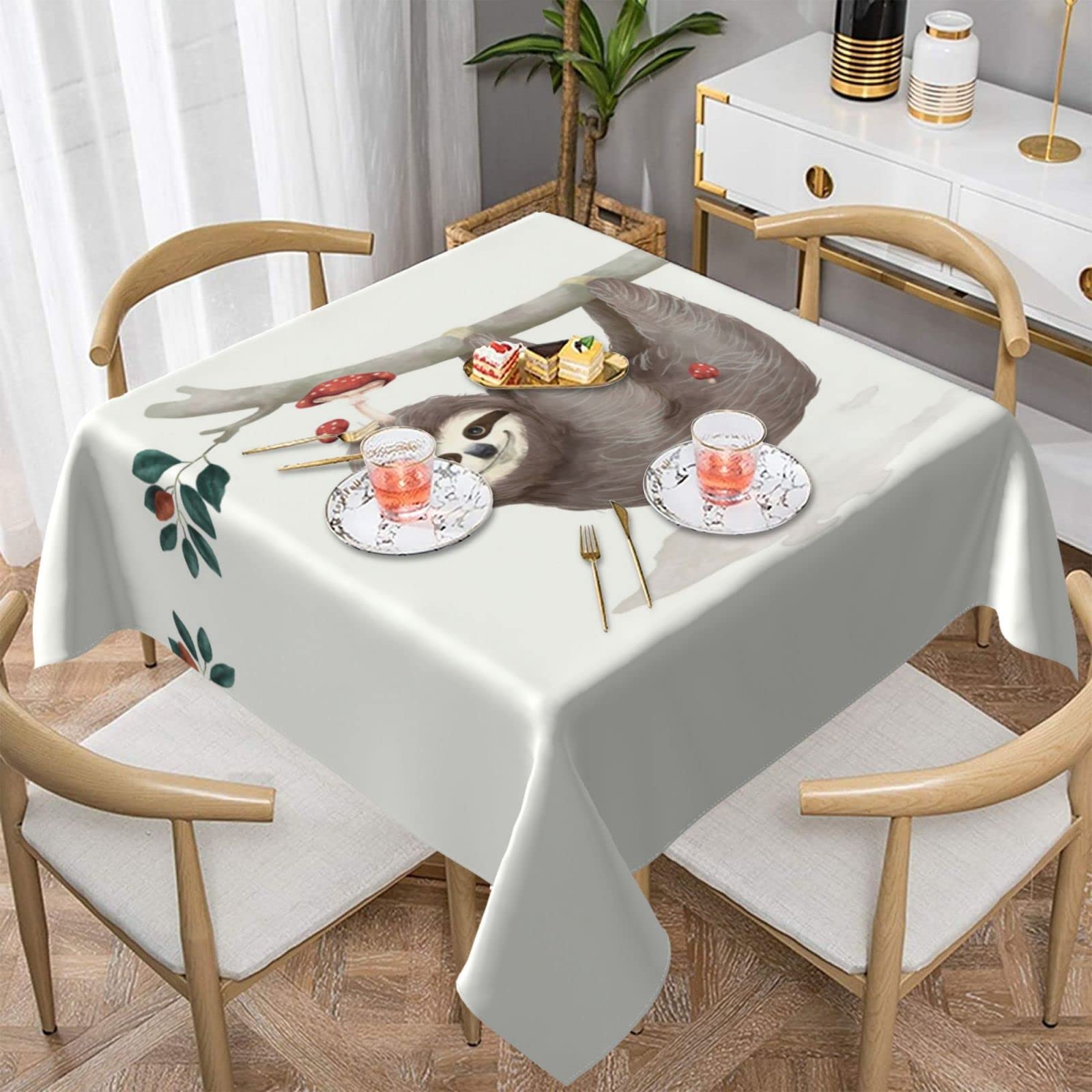 Lawenp Sloth with Mushrooms Square Wrinkle-Free Table Cloth Cover Table Decorative for Wedding Dinning Party Banquet Tabletop