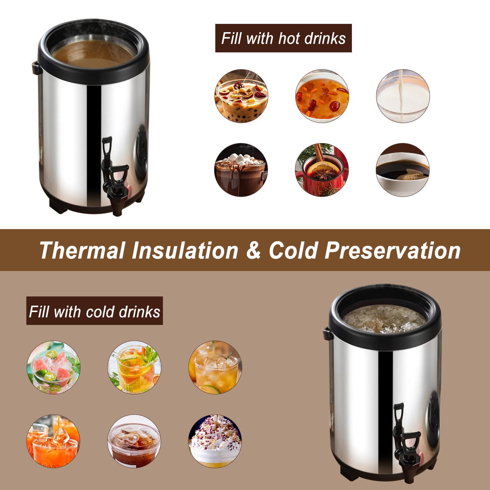 Dispensador de bebidas de acero inoxidable, urna térmica aislada, urna de café y caldera de agua caliente con espiga para bebidas frías y calientes, fiestas, oficina y catering