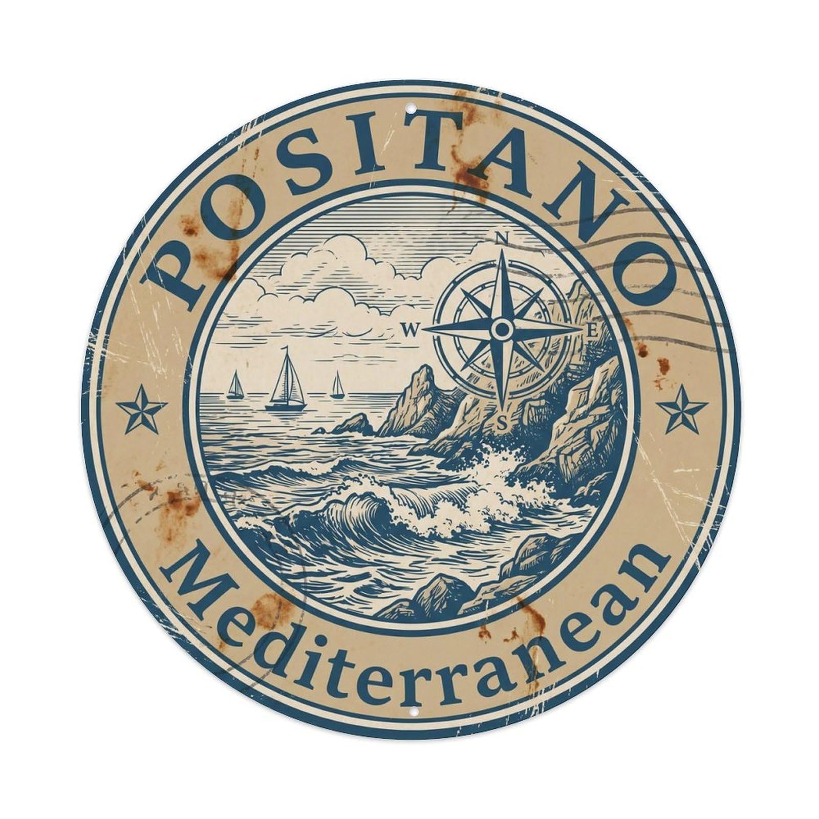 Travel Medallion Positano Coastal Amalfi Riviera Retro Metal Tin Sign Plaque Wall Decor for Cafe, Man Cave, Club Bar, Office, Home Garden Round Metal Poster 8x8Inch