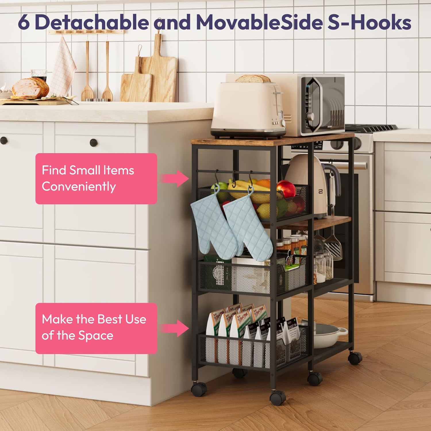 SWTYMIKI Kitchen Island Cart on Wheels - 4 Tier Rolling Kitchen Table Cart with Storage Shelves, 6 Removable Hooks& Locking Casters, Coffee Bar Cabinet for Dining Room Pantry Office, Espresso - Image 8