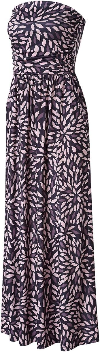 GloryStar Women Strapless Floral Print Bohemian Boho Maxi Dress Casual Off Shoulder Beach Party Dress with Pockets (L, A-Coffee Geometric Print) - Image 2
