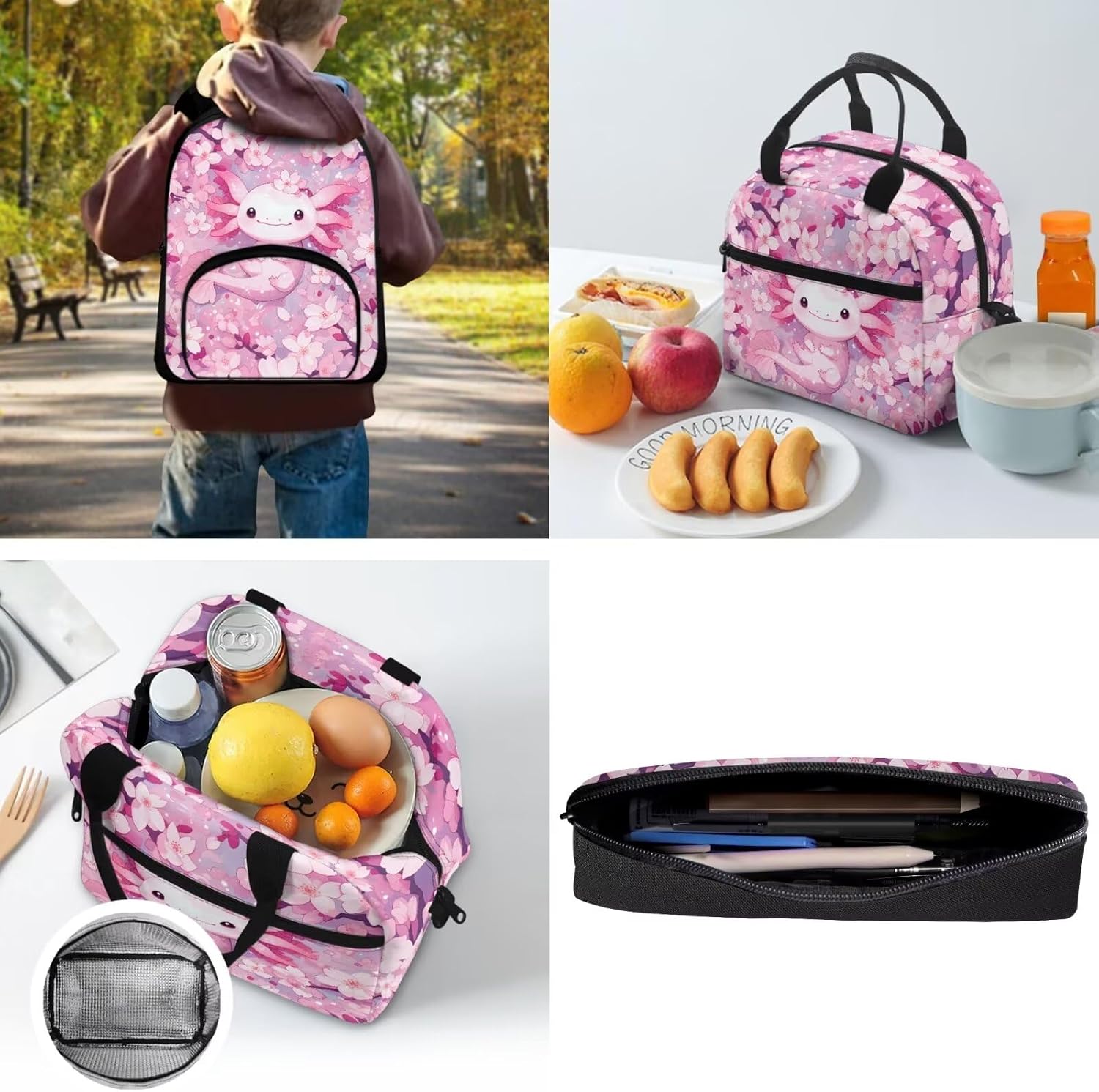 Tuoxiukan Axolotl Bookbag for Kindergarten Girls Cherry Blossom Backpack With Matching Lunch Box For Elementary School Girls Toddler Backpack with Front Compartment Daypacks Rucksack 12 Inch