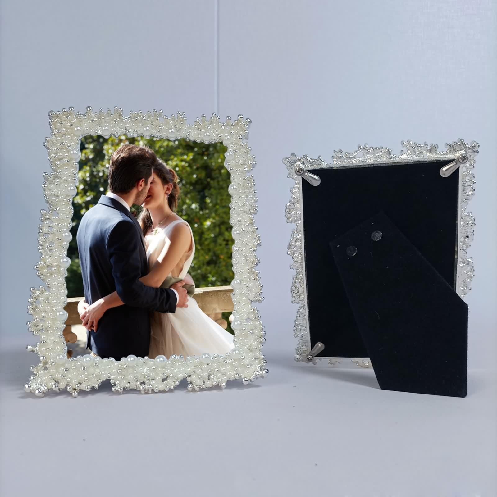 Bilderrahmen 10X15 Silber, Fotorahmen Hochzeit Rechteck mit Perlen Metall Vertikal für Tischplatte