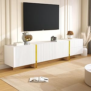 Mueble de TV de 190 cm, mueble bajo para TV con 3 puertas y 2 cajones, alto brillo, para televisores de hasta 85 pulgadas, mueble de TV para salón, 190 x 35 x 45 cm, color blanco y negro