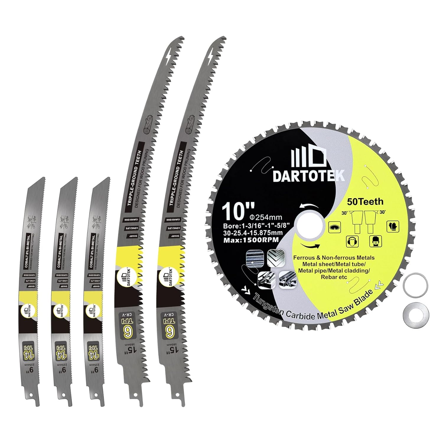 14TPI Reciprocating Saw Blades 5PCS, DARTOTEK and 10"/254mm Metal Cutting Disc,Circular Saw Blade 50T