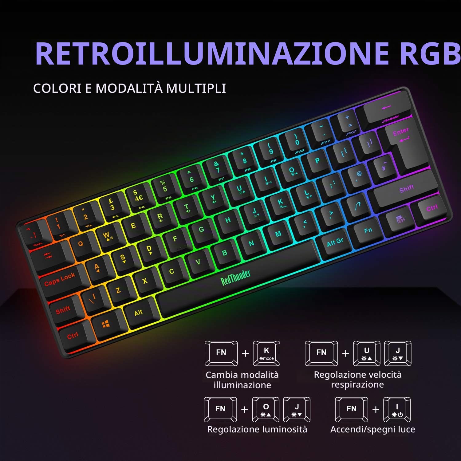 RedThunder 60% tastiera e mouse combo, ultra compatta 61 tasti RGB retroilluminata mini tastiera, mouse ottico a nido d'ape leggero 7200 dpi, set di gioco con cavo RGB per PC MAC PS5 Xbox Gamer (nero)