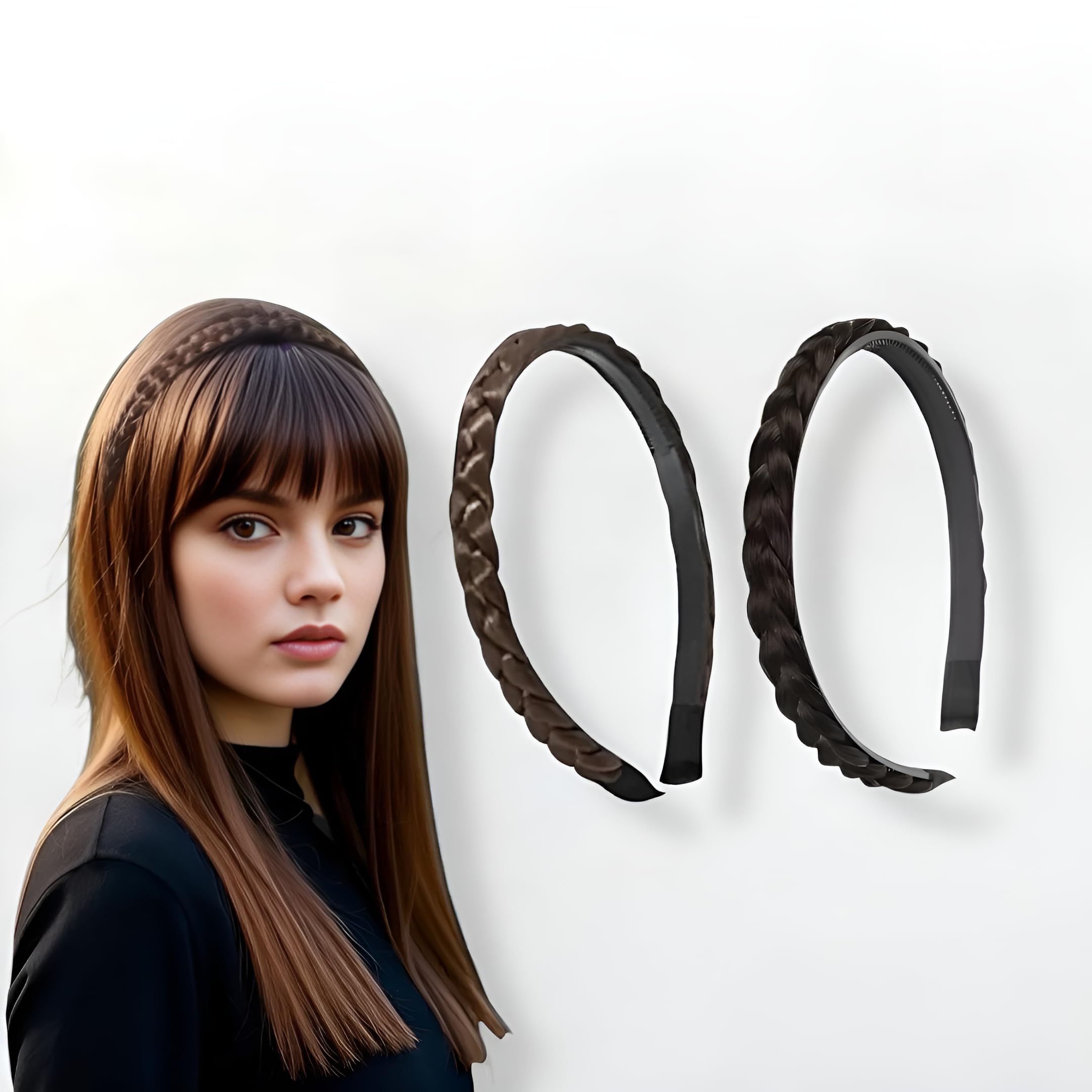 2PC Synthetic Braided Hairband Headband Classic Pearls Plaited Hair Bands Messy,Stretchy Hair Accessories Fluffy Braids Wig Band for Women and Girls (1 Black 1Brown)