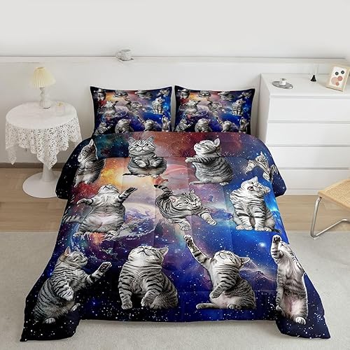 Feelyou Cute Cat Comforter Set Galaxy Cats Pattern Bedding Set for Kids Boys Gir