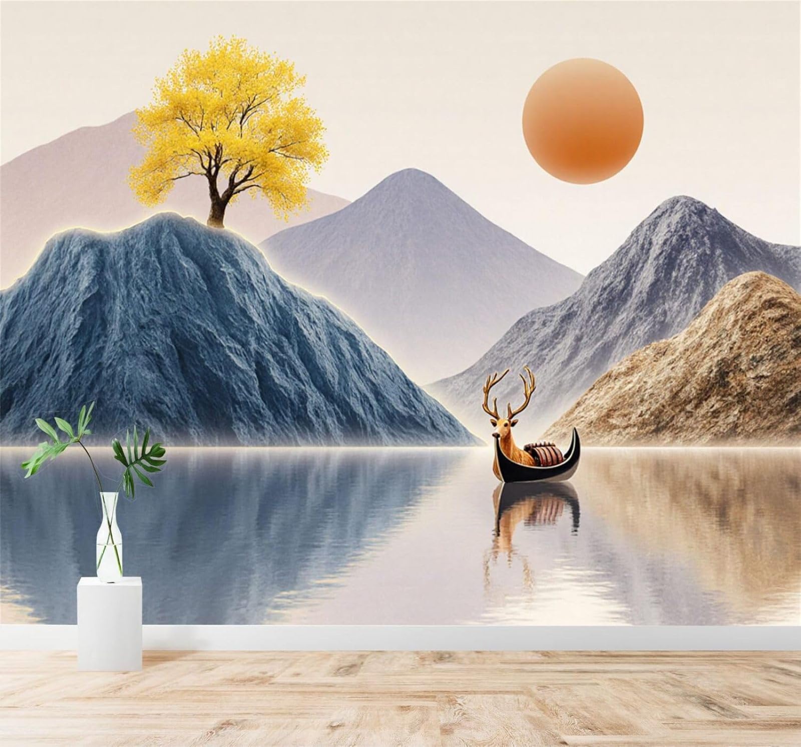 XLMING Fawn Golden Trees Sunshine Mountain Peaks Lakes 3D Wallpaper Premium Textured Silk Study Dining Living Room Bedroom Sofa TV Wall Easy Install-150cm×105cm