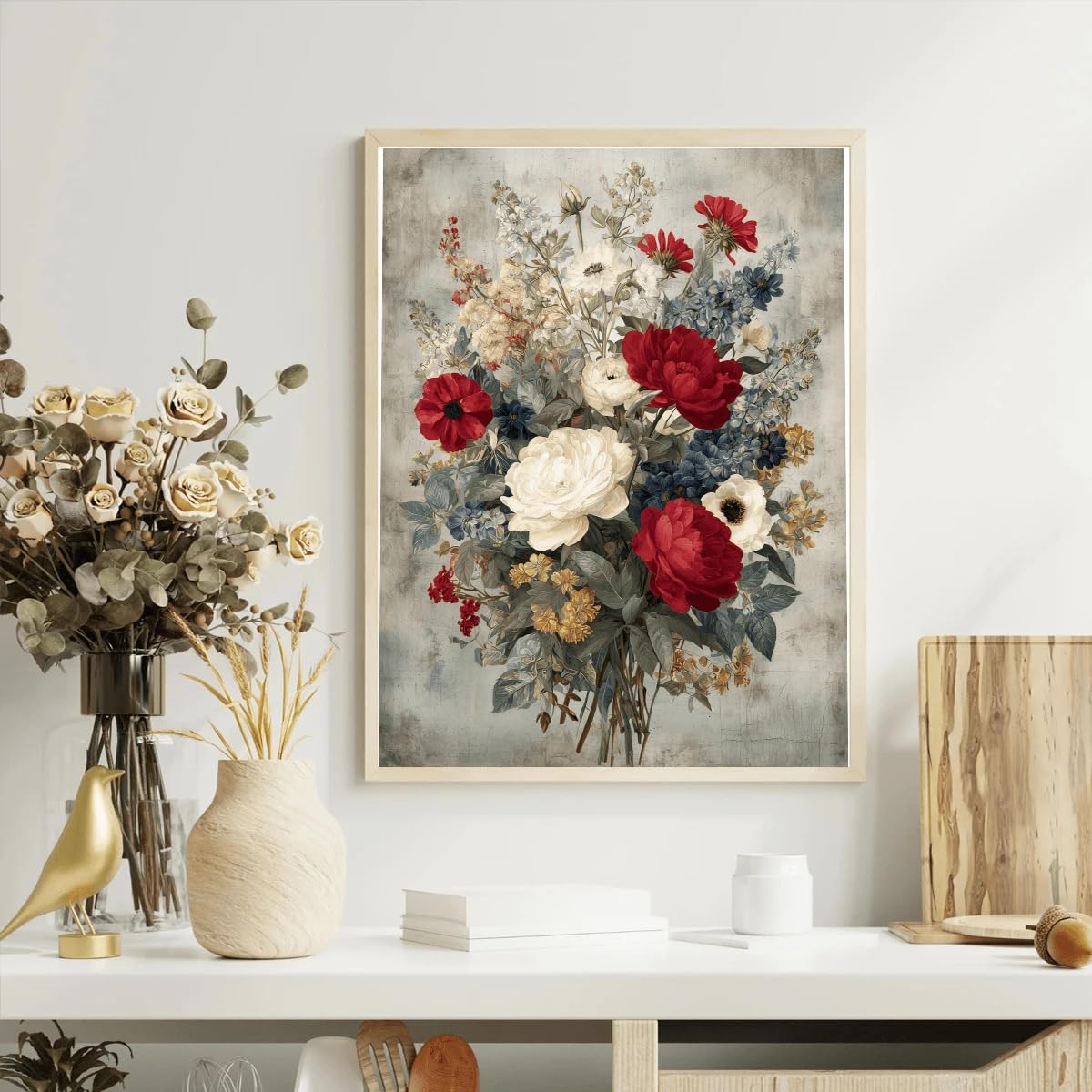 1 lienzo decorativo de pared con diseño floral en rojo, blanco y azul, ideal para la decoración de la sala de estar, la cocina y el baño (70x100cm/Sin marco).