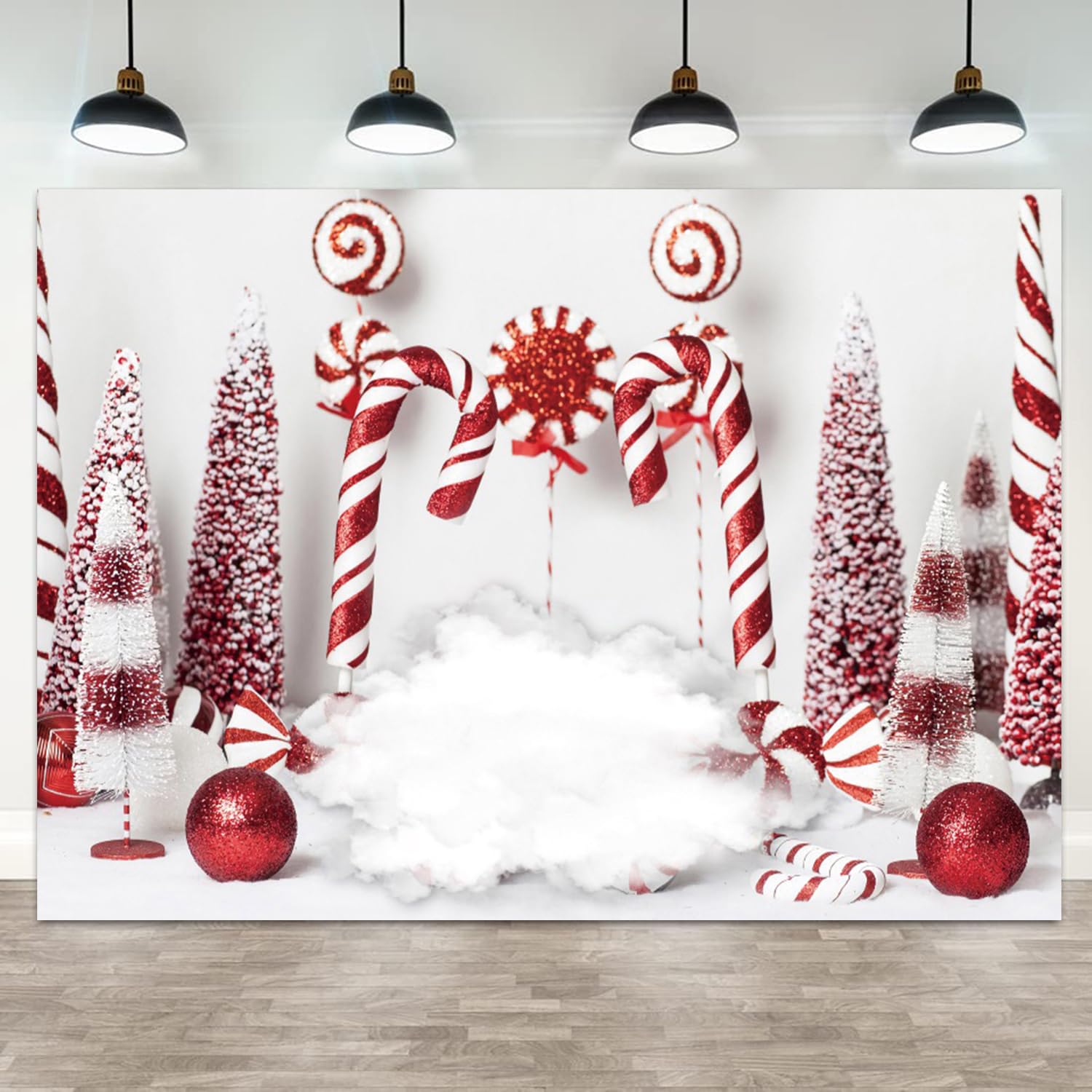 3,7 x 2,4 m sfondo natalizio rosso bianco bastoncini di zucchero sfondo fotografia palle di Natale albero di pino nuvola inverno felice anno nuovo festa banner decorazioni bambini compleanno