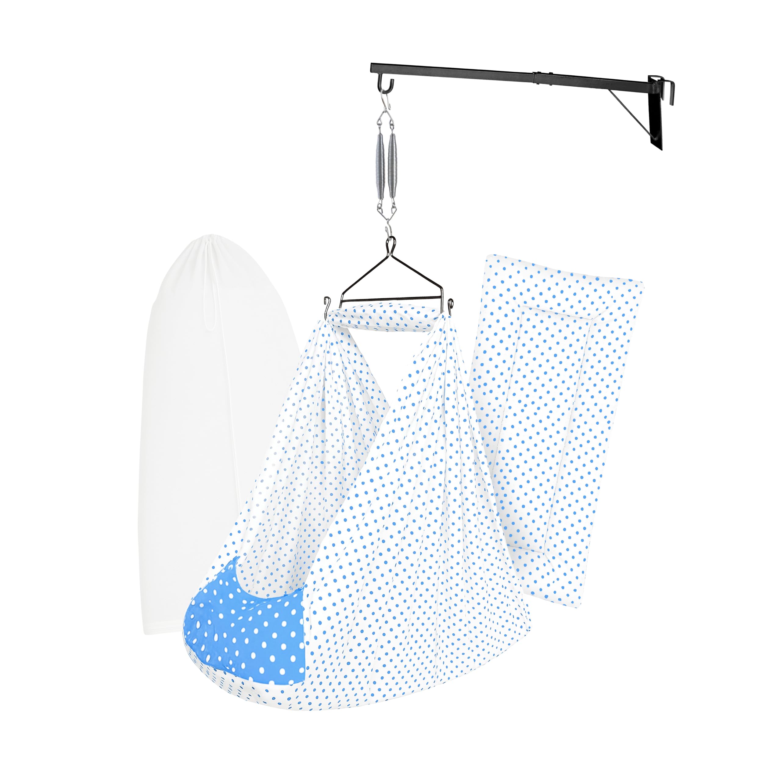 beetot Baby Cradle Swing/Jhula (Thottil Cloth, Palna, Dolna) Set | Cradle Cloth with Padded Bed, Mosquito Net, Spring, Triangle & Window Hanger | Up to 15 kg | Up to 2 Years | FS-Light Blue-Dot