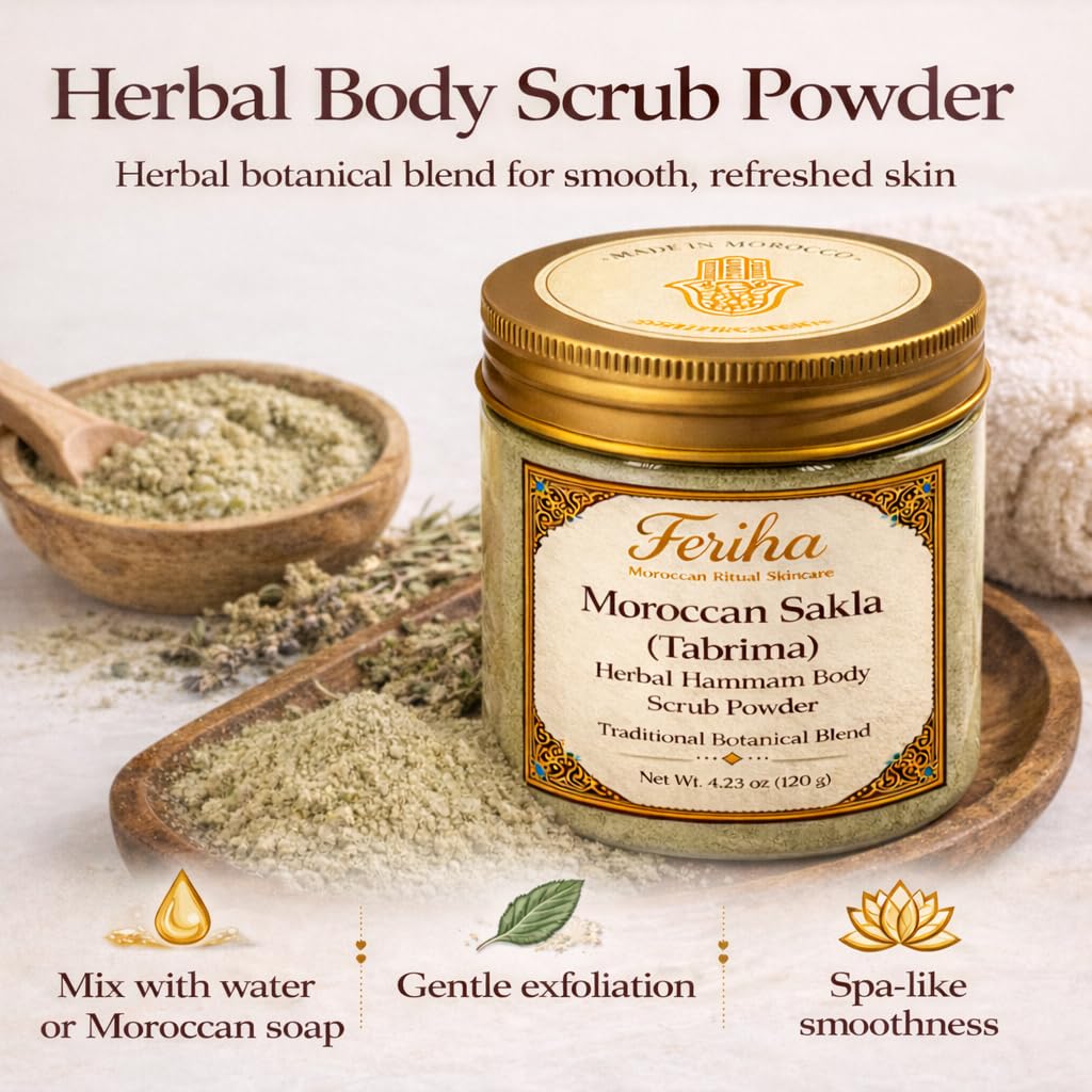 FERIHA Moroccan Sakla Tabrima Body Scrub Powder – Traditional Hammam Herbal Detox for Deep Cleansing & Exfoliation | 4.23 oz