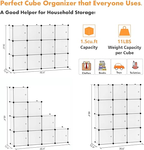 Miniatura 3 de C&AHOME Organizador de almacenamiento en cubos con puertas, estantes de 12 cubos, armario de armario, estantería modular de plástico ideal para
