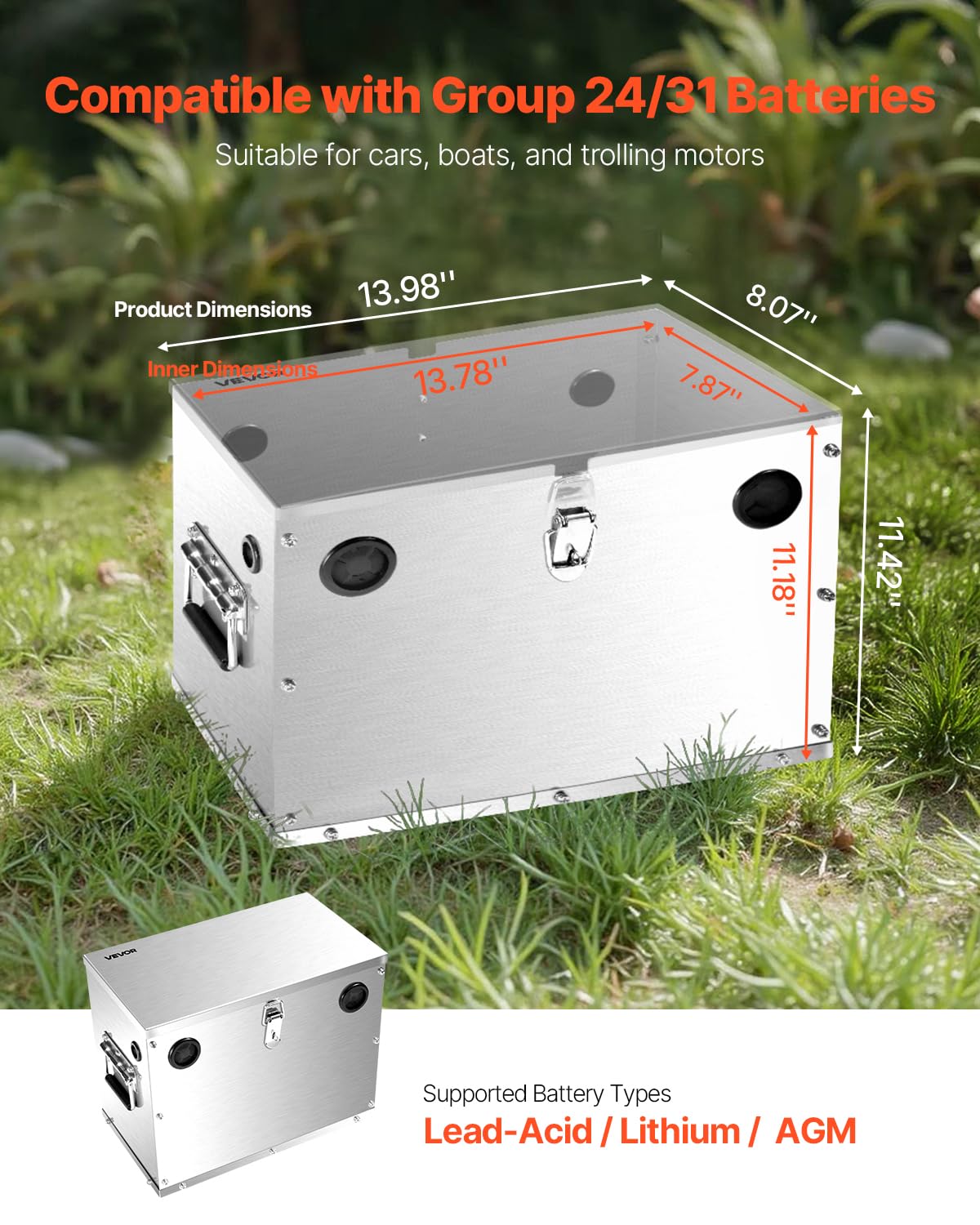 VEVOR Scatola per Batteria Gruppo 24/31, Cassetta per Batteria da Auto Barche in Acciaio Inox, Custodia per Batteria da Barca con Serratura Custodia Portabatterie per Auto, Barche, Camper, Viaggio