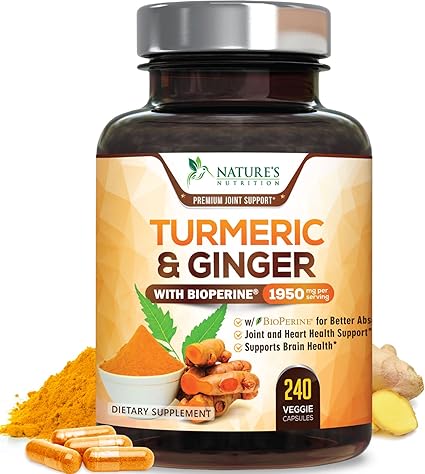 Turmeric Curcumin Supplement 1950mg - 95% Curcuminoids with Organic Turmeric & Ginger, BioPerine Black Pepper for Best Absorption, Nature's Vegan Joint Support, Non-GMO, Bottled in USA - 240 Capsules