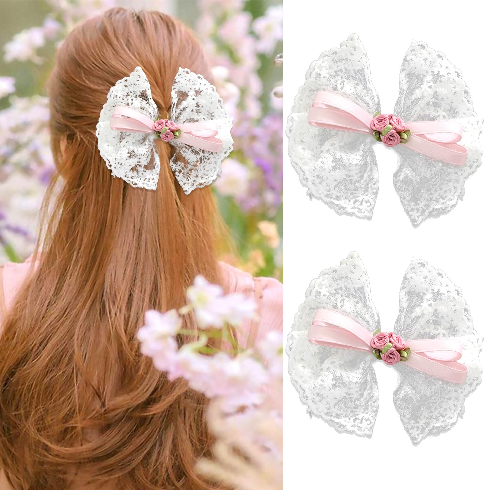 ヘアアクセサリー Rose Bow Hair Clip Amazon.com : SAWINDA White Lace Hair Bows Pink Rose Hair Ribbons
