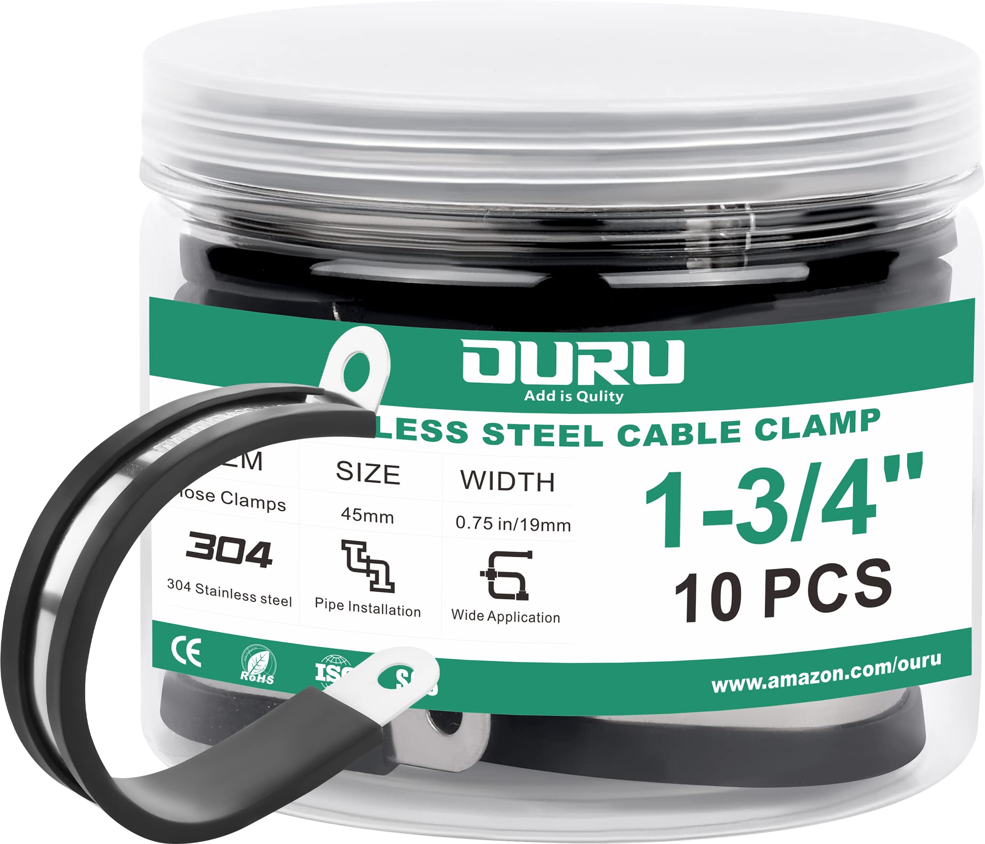 OURU 1-3/4 Inch Cable Clamps, Rubber Coated Insulated Clamps, 10pcs, 45mm