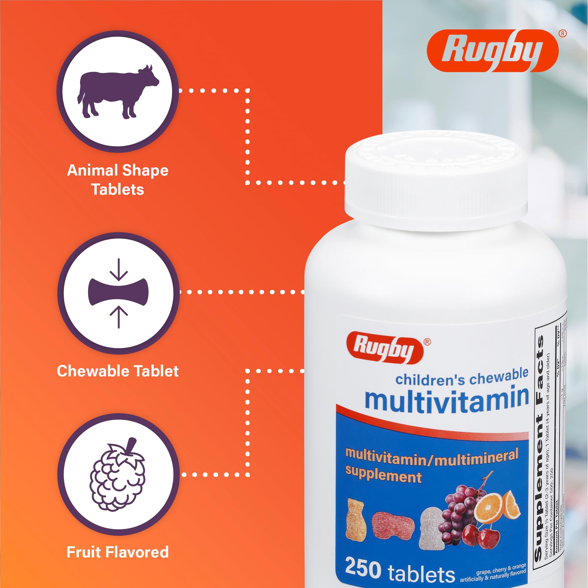 Rugby Children’s Chewable Multivitamin Tablets - Dietary Supplement - Assorted Fruit Flavors - Animal Shapes - 250 Count (1 Pack) — Amazon image 5