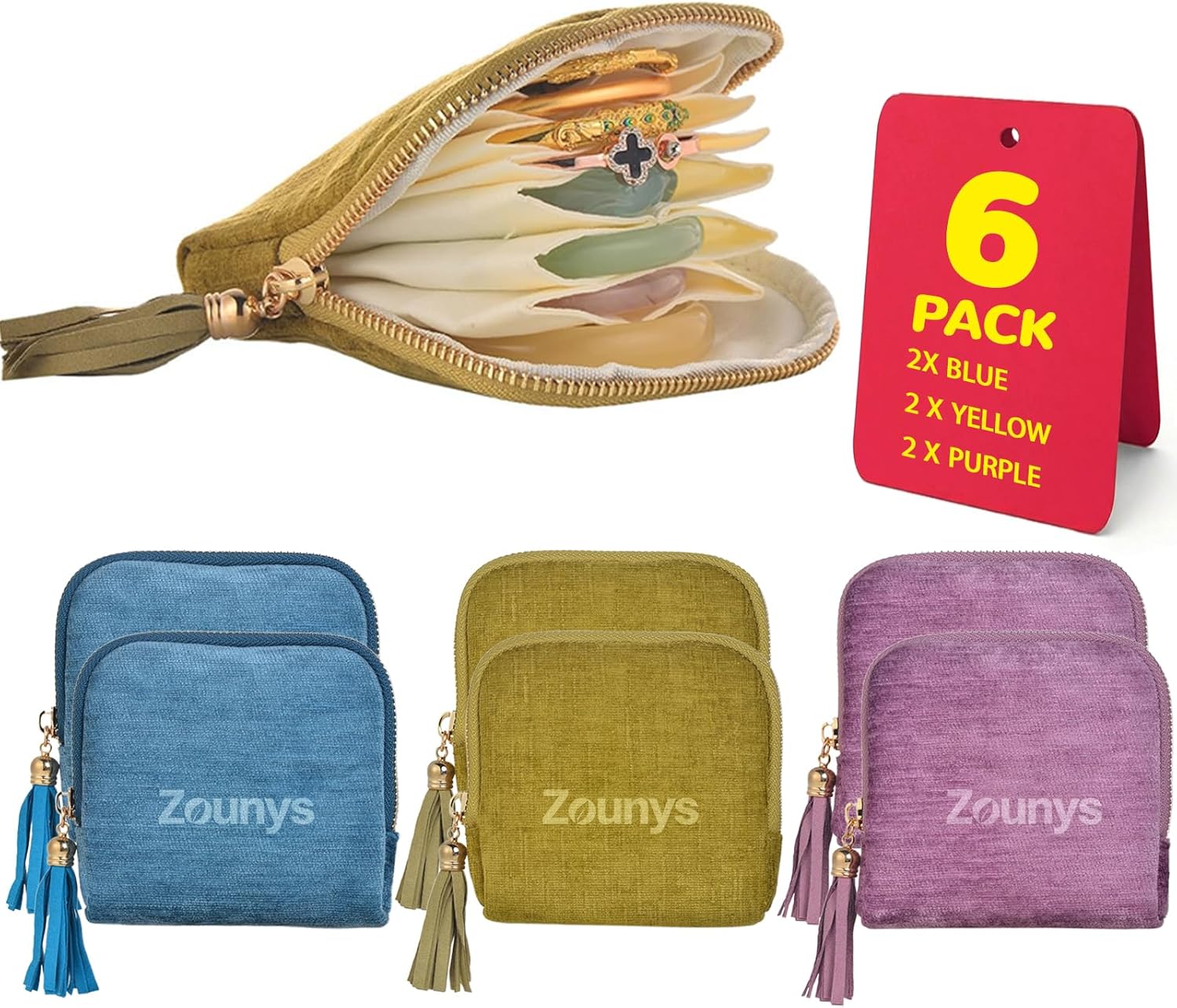 6Pack Multi Layer Jewelry Pouch, Travel Jewelry Pouch Organizer Set, Jewelry Pouch for Traveling with TasselZipper, Small Travel Jewelry Bag for BraceletRing Earring Storage (Yellow Purple Blue)