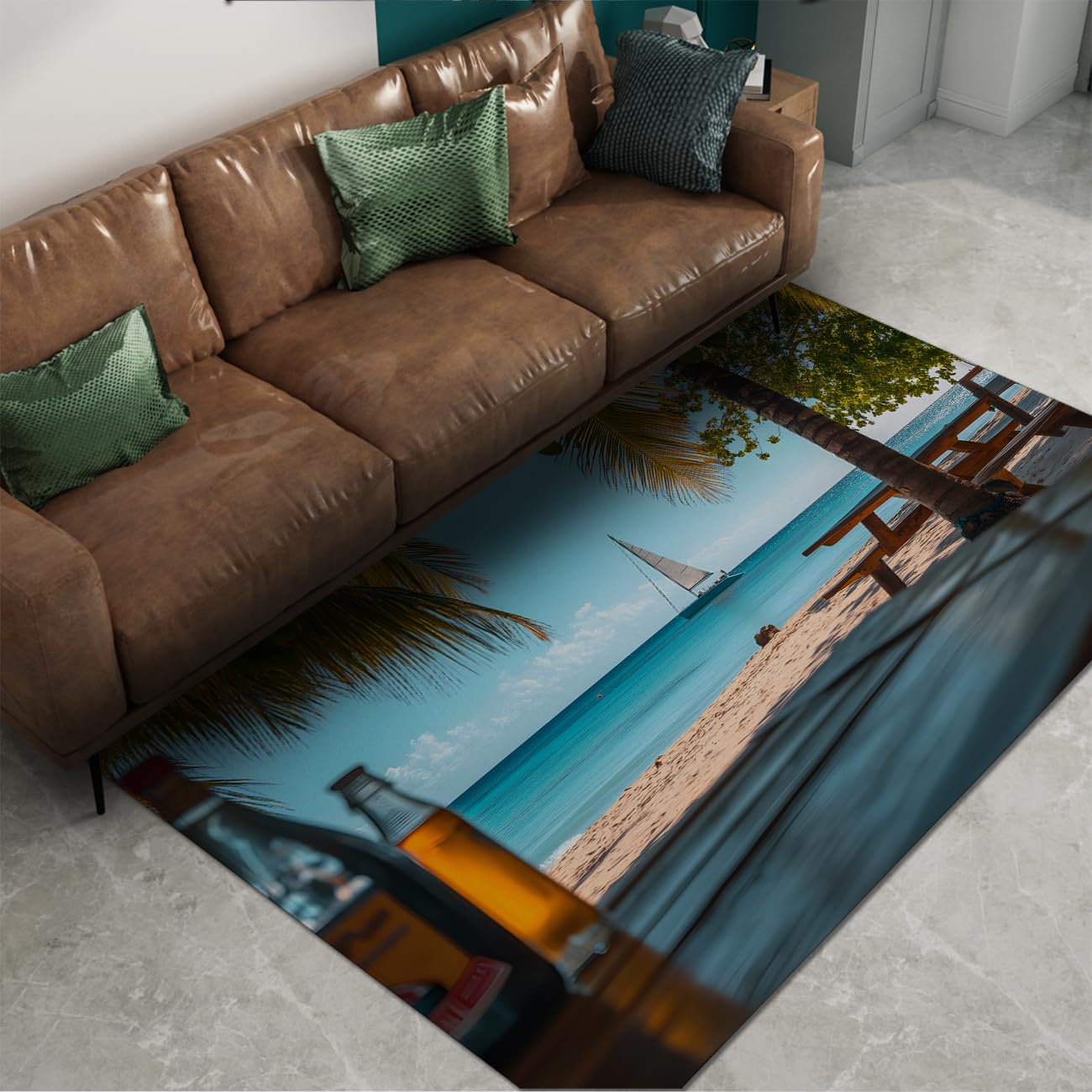 60x90cm Tropischer Strandteppich Steg Palmenblätter Kurzflor