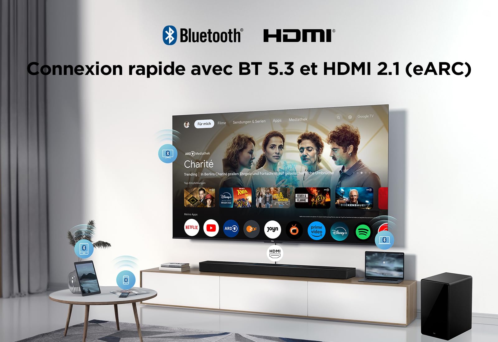 Barre de son TCL Q75H 5.1.2 ch pour TV, 620 Watts, Home cinéma, Surround cinéma, Expansion sonore, Dolby Atmos, DTS:X, HDMI eARC, Bluetooth 5.1, une télécommande, USB, Optique, Montage mural possible