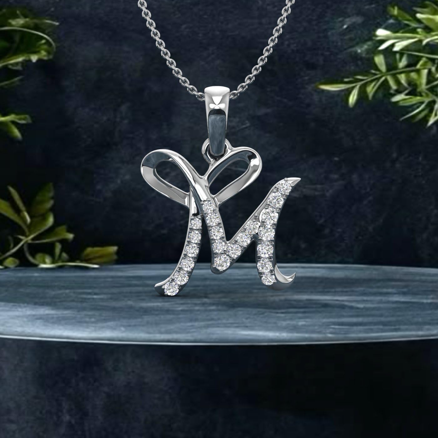 FINEROCK Diamond Initial Letter Pendant Necklace in 10K White Gold (with Silver Chain) - IGI Certified