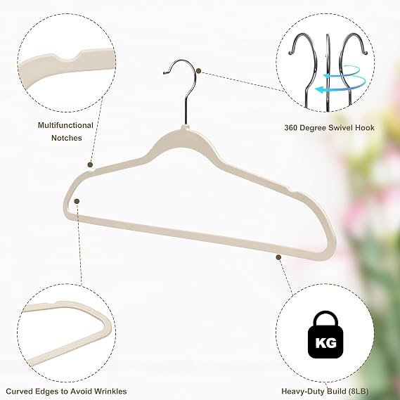Quality Hangers Multi Pack Slim Plastic Hangers for Clothes - Sturdy Non-Velvet Pink Hangers with 360 Swivel Chrome Hook & Notches - Versatile for Coats Shirts Dresses (50, Ivory, 17.7 inch)