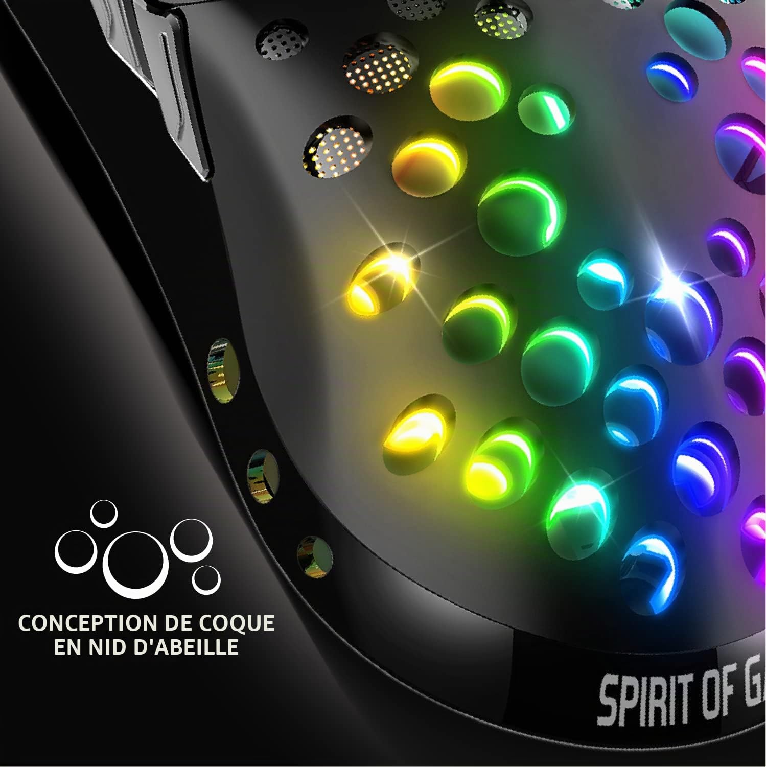 Spirit Of Gamer - ELITE M80 - Souris Gaming RGB ultra-légère - Câble flexible - Capteur optique 4200 DPI - 6 boutons programmables - Coque perforée en nid d'abeille noir - Poids : 68 g
