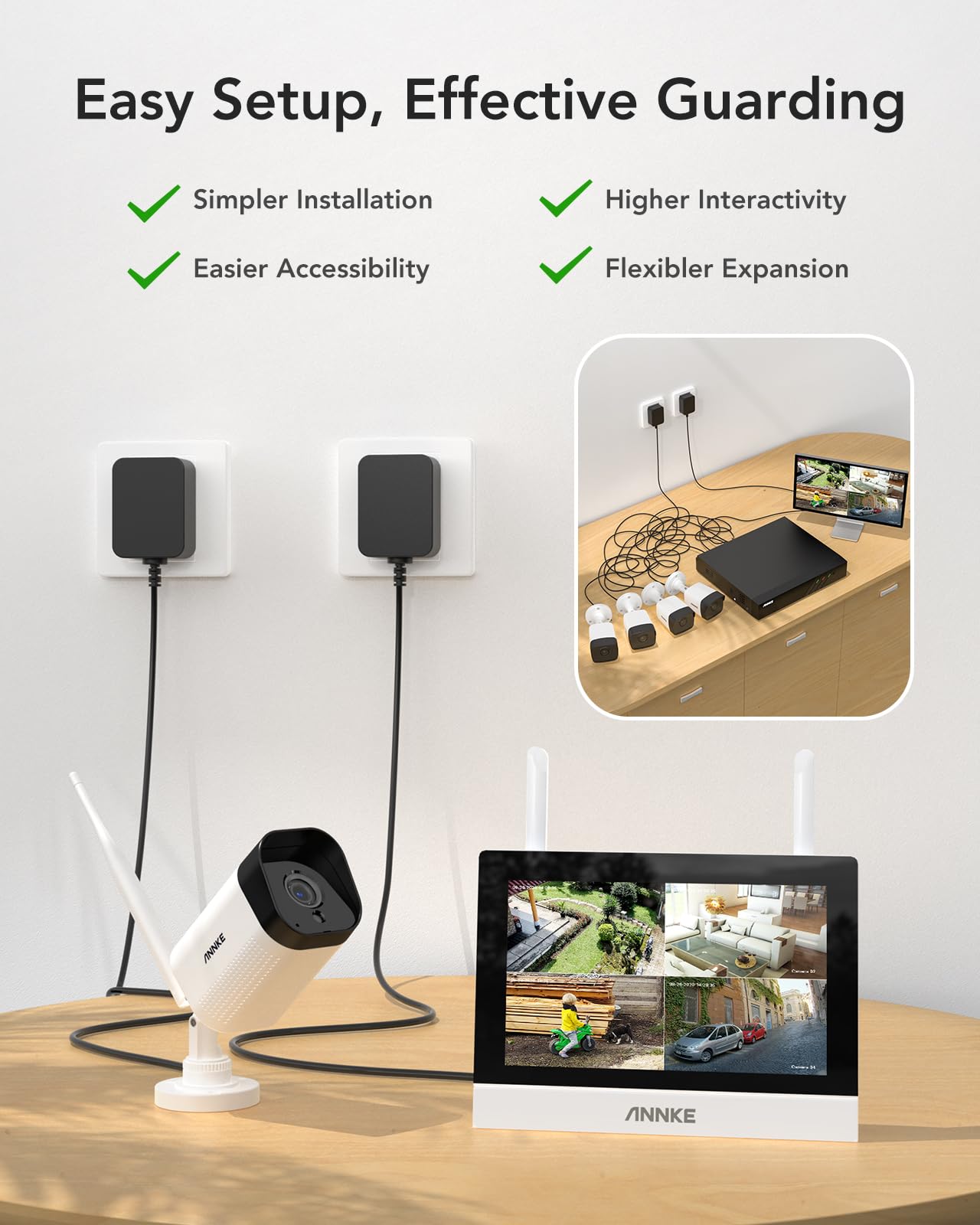 ANNKE Bezprzewodowa kamera do monitoringu 3 MP z monitorem, ekran dotykowy 4CH 5 MP 7", ekran dotykowy NVR, 2 kamery 3 MP, inteligentna sztuczna inteligencja z ostrzeżeniami w czasie rzeczywistym,