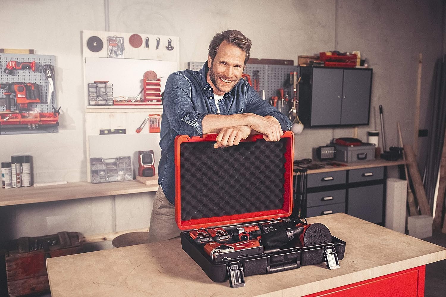Einhell Maletín E-Box M55/40 (para almacenamiento universal de herramientas/accesorios, 550x400x150 mm, revestimiento espuma suave, diseño a prueba de salpicaduras, capacidad de carga máxima de 30 kg)