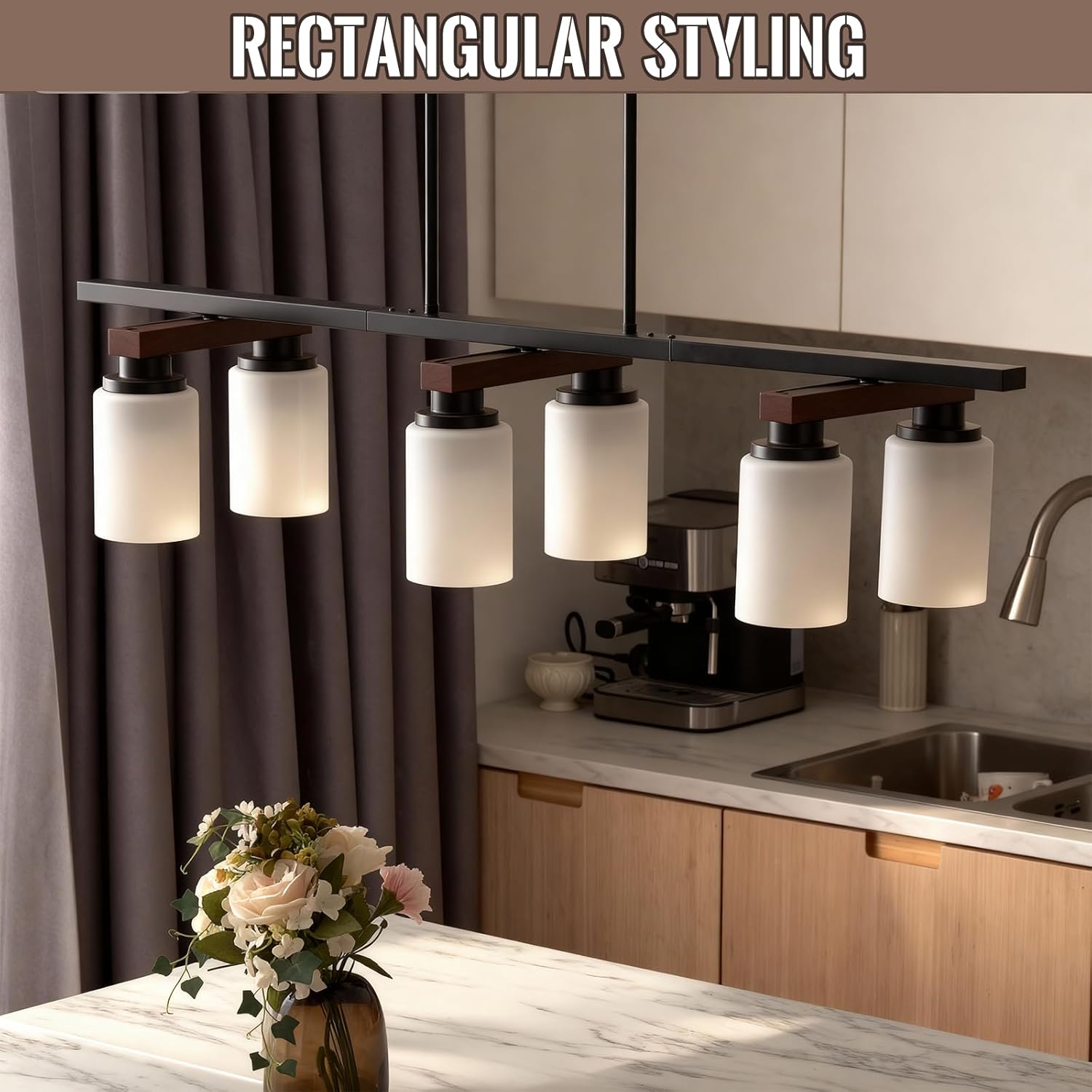 6-Light Kitchen Island Lighting & Farmhouse Dining Room Light Fixtures Over Table, Rustic Wood Linear Chandelier Adjustable Ceiling Hanging Pendant - Rotating Design, Customizable Shapes, Milk Glass
