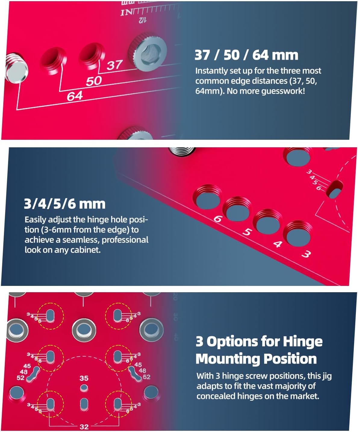 2-in-1 11-Holes Shelf Pin, Concealed Hinge Jig, Drilling Guide with Self-Contained Clamping, All-Metal Jig for Cabinet Hinge & 1/4" 5mm Shelf Pin, Woodworking Drill Guide Tool