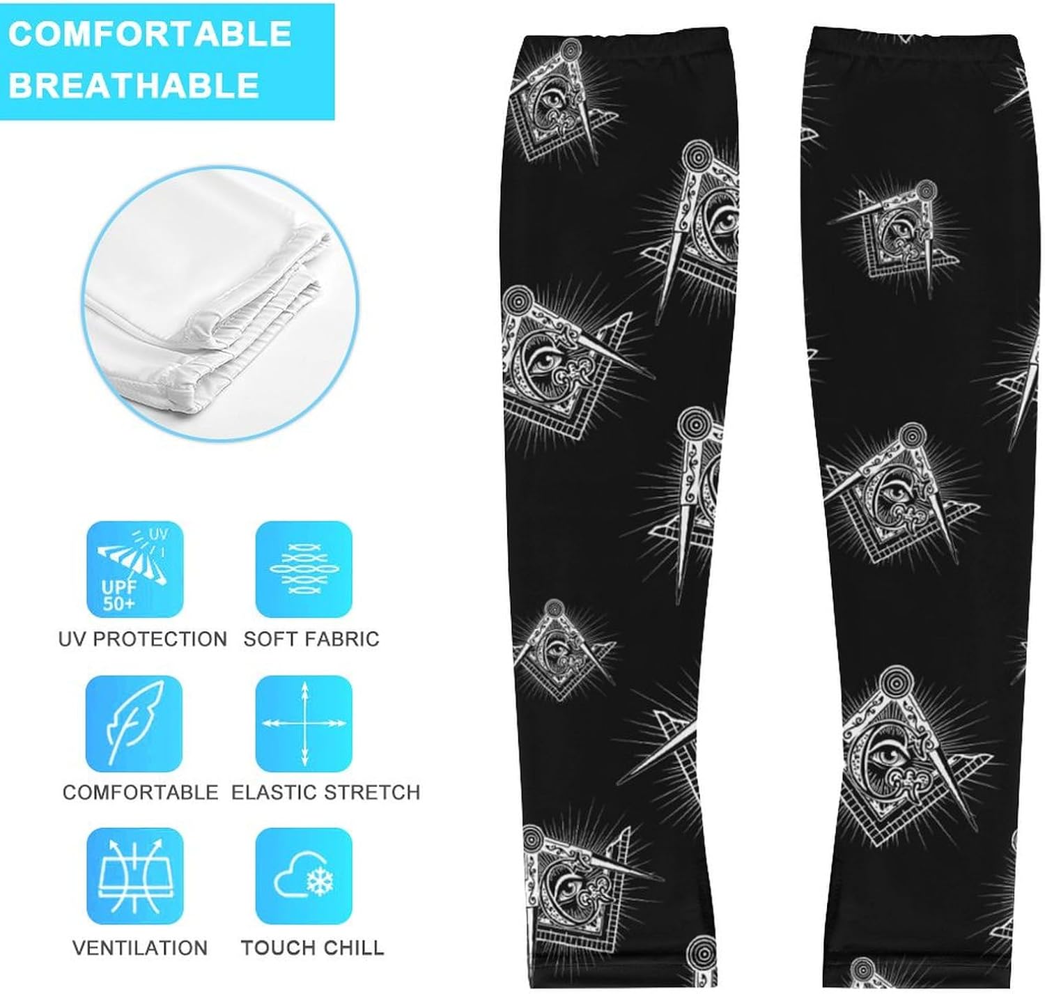 Masonic Freemason Square Compass Ice Silk Arm Sleeves Cooling Sun Protection Arm Sleeve for Men Women