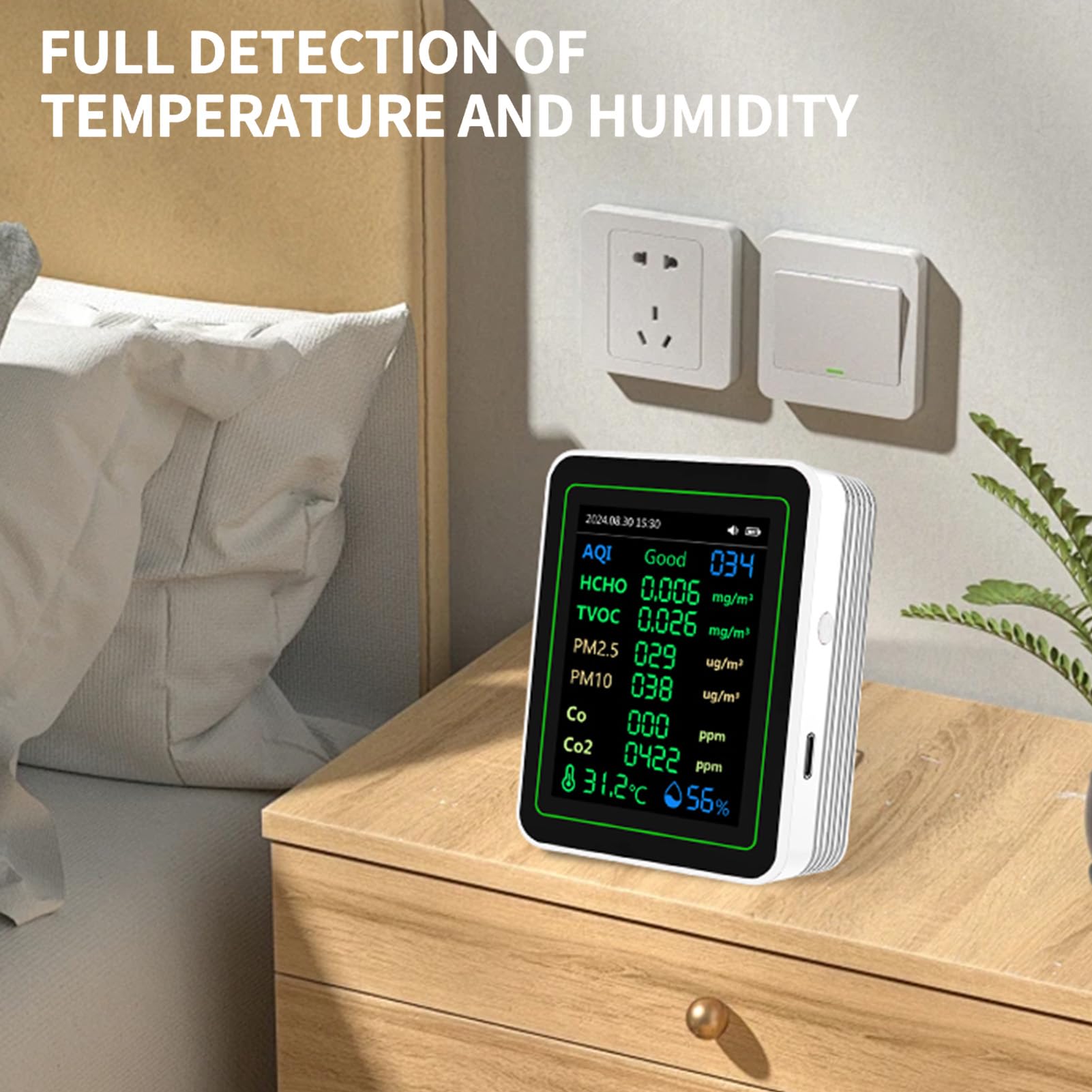 Gugxiom Monitoraggio della qualità Dell'aria, Sensori di Temperatura Interno, Rileva PM2.5/PM1.0/PM10/CO2/CO/TVOC/HCHO/Temperatura/Humidità, Misuratore di qualità Dell'aria per il Hotel (WHITE)
