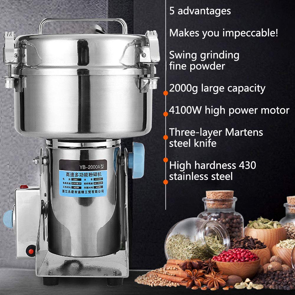 2000G Máquina de molienda de maíz Molinillos de café eléctricos Tipo oscilante de acero inoxidable Molino de alta velocidad Molino de semillas de grano Nuez de frijol Especias Hierba Pimienta Cereal T