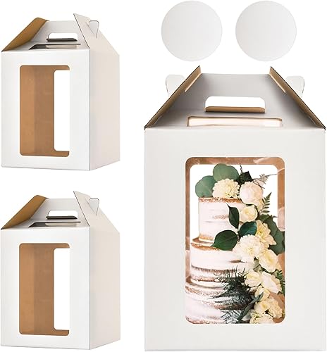 Cajas altas para tartas con 4 ventanas y tableros para pasteles, caja grande de 12 x 12 x 14 pulgadas, caja de panadería blanca duradera y