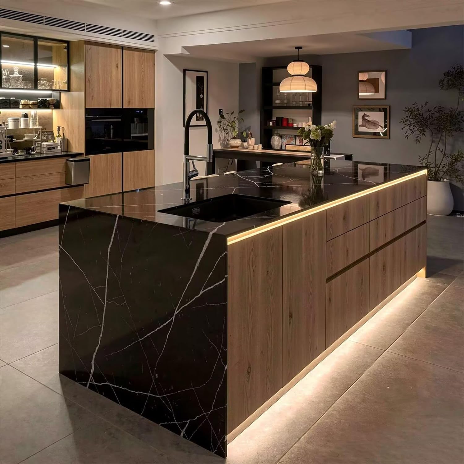 Kitchen Island with Storage - Kitchen Island Table with Under Cabinet Lighting, Integrated Sink, Integrated Storage, Wood Grain Finish, Power Outlet for Four People (72IN No Chairs)