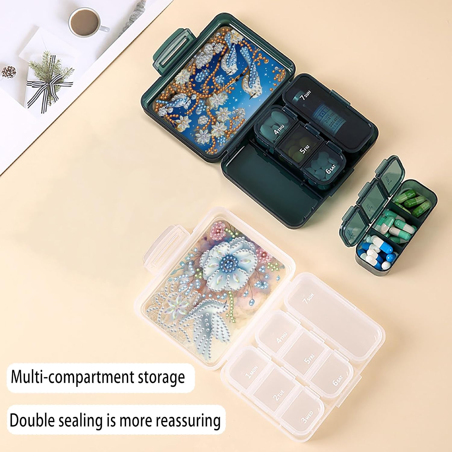 NanBaDa 2Pcs Diamond Art Painting Mini Storage Box with 7-Grid Creative Design Compact Portable Small Case for Purse Travel -Flowers and Birds