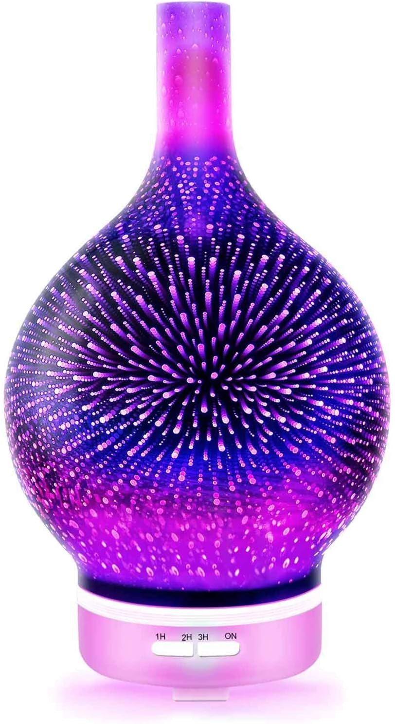 Aromatherapy Diffusers120ml, Ultrasonic 3D Glass Vase Cover LED Light Display, Cool Mist Aroma Therapy Colorful Nightlight Humidifier Waterless Shut OffLATT-LIV
