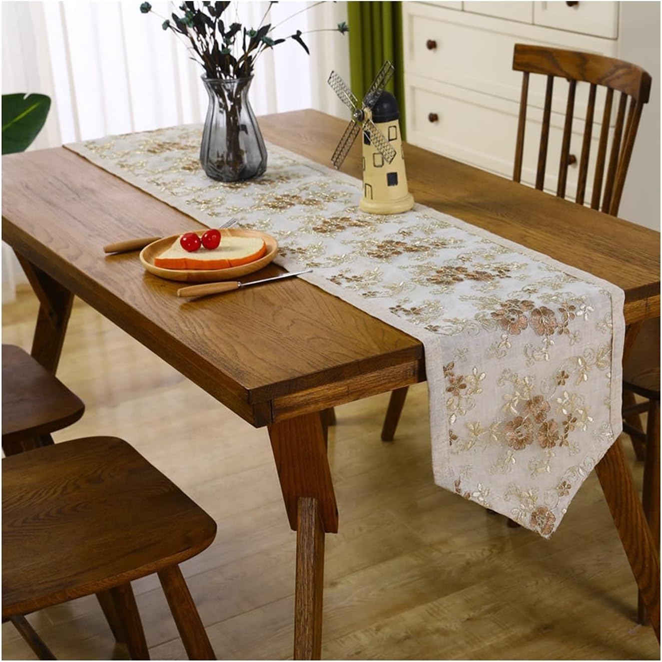Farmhouse Dining Table Runner, Embroidery Flowers Polyester Coffee for Farmhouse Kitchen, Dinner 14X122 Inch