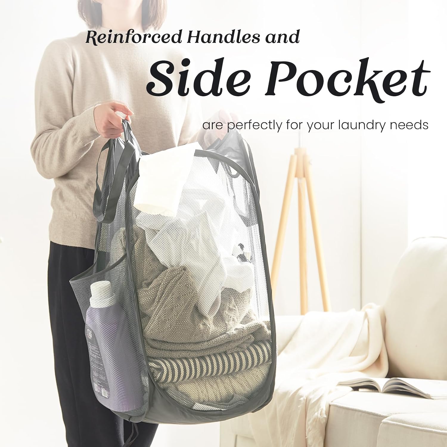 TECHMILLY Collapsible Mesh Pop Up Laundry Hamper with Sturdy Handles and Side Pocket - Portable Foldable Clothes Baskets for Dorm, Bathroom & Travel Storage (Grey) image 3