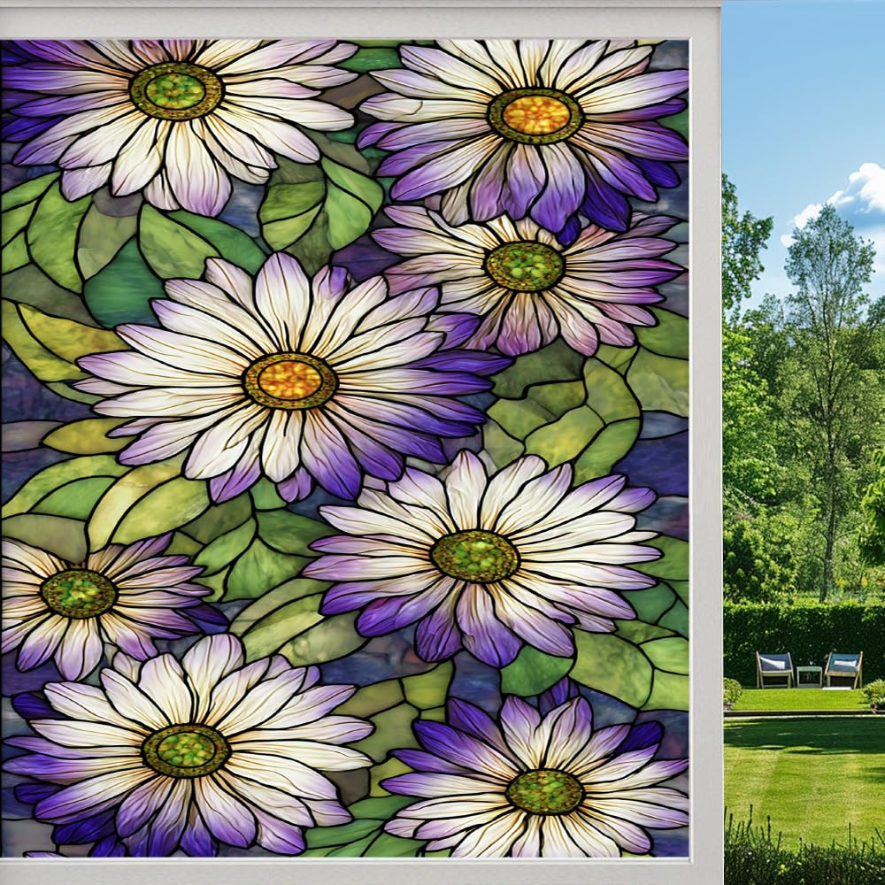 Pmlbaous Colorful Flowers Frosted Window Film, Natural Daisy Plants Floral Stained Glass Privacy Film, Heat Insulation Self-Adhesive Vinyl For Bathroom Office, （80X120cm）